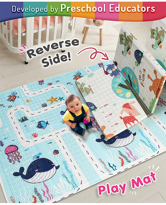Intelliskills Extra Large Reversible Jungle Animals & Ocean Life Baby Learning & Crawling Foldable Play Mat | Waterproof | - Image 3